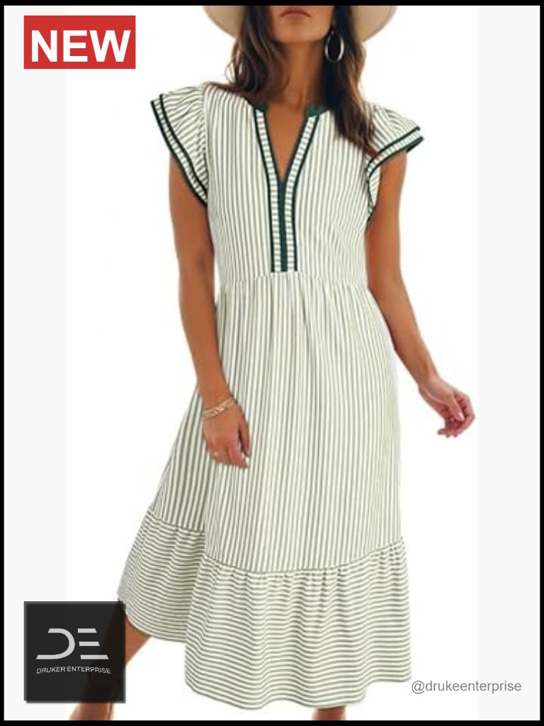 V-Neck Ruffle Cap Sleeve Empire Waist Flowy Striped Midi Dress With Pockets